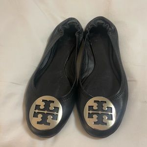 Tory Burch Minnie Travel Ballet Flat, Black Leather with Silver